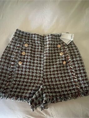 Walter Baker Mint and Black Tweed High-Waist Frayed Shorts